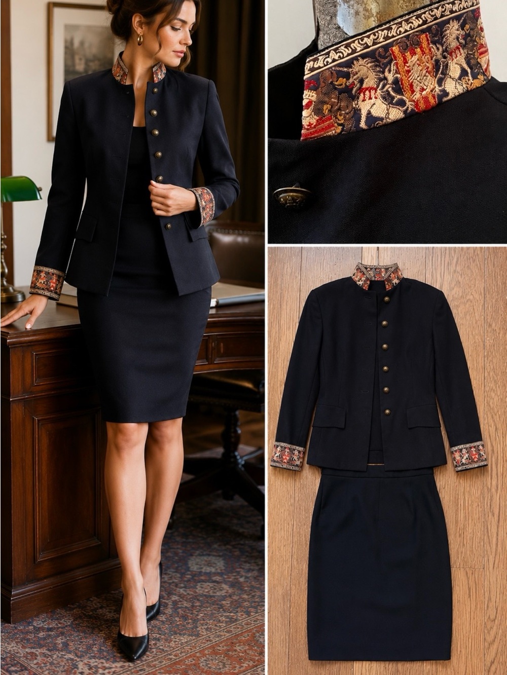 Vntg Citi by Yansi Fugel 100% Wool Tapestry Trim Mandarin Collar Skirt Suit~4💛